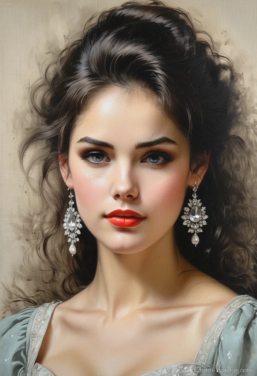 Close-up, half body of a beautiful woman, dark tousled hair pinned up in a vintage dress, large earrings, on canvas, hyper realistic oil painting, visually stunning, realistic oil painting, trending on Artstation, hyper quality, ultra detail, Charlie Style Bowater, Konstantin Razumov, Vladimir Volegov, Studio Ghibli Genshin Impact