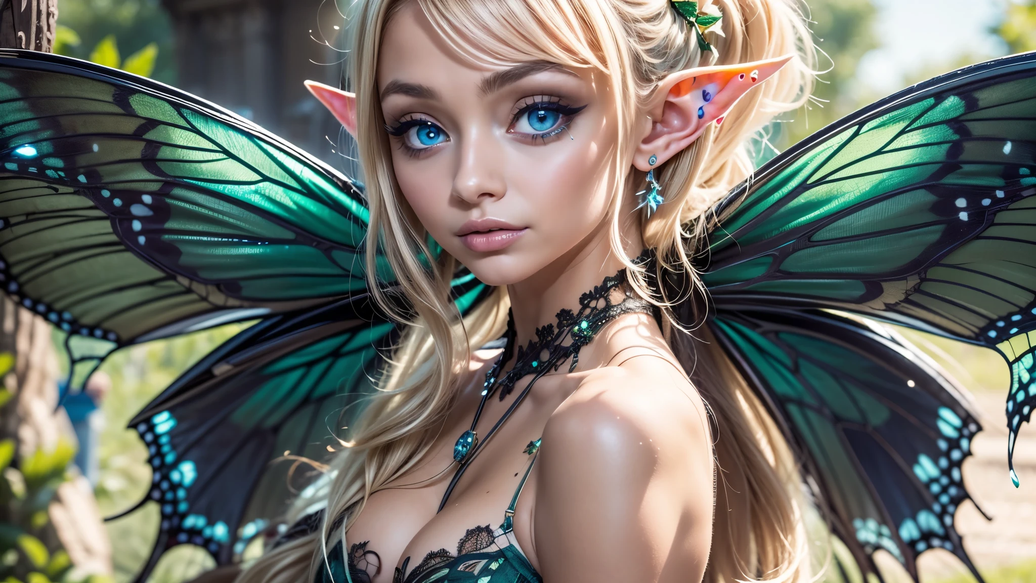 Beautiful, Amazing face and eyes, makeup, (extremely detailed beautiful face), Blonde, (sexiest look), (Beautiful breasts:1.3), (Best Quality:1.4), (Ultra-detailed), (extremely detailed CG unified 8k wallpaper), Highly detailed, RAW Photos, Professional Photography, (silk see through lace:1.3), full body, sitting, (Spread your legs), (:1.4), plein air, Illumination, (Super fancy photos:1.4), (Dazzling light), Radiant Photography, depth of fields, (Glowing blue eyes), (realistic elf ear), (castle, fantasy setting), ((orbs)), massive butterfly wings,