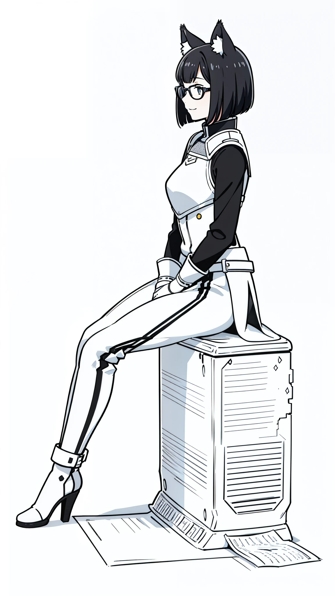 (1girl,14 years old,teen),3k,hd,Sliced bob hair,solo,white armor, black glasses,black hair,cat ears,(white background,line drawing),open mouth,happy,smile,talking,from side, sitting,full body,