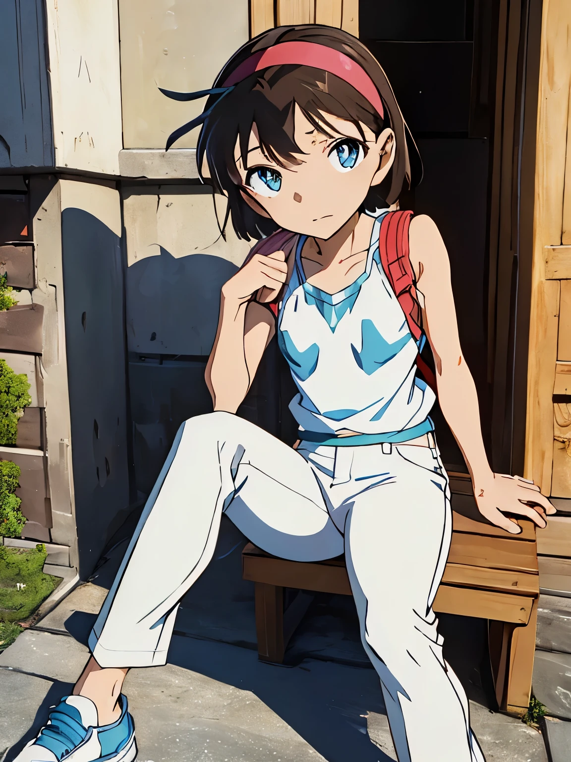 Browsing Caution,(Small breasts:1.5),(((White pants))),Sitting,
Yoshida Ayumi,One girl,  , Brown Hair, short hair,  , blue eyes, Red headband,Show Viewer,Japanese-made backpacks for elementary se, Expressionless, indoors, Flat Chest, clavicle, door,blue sky,White cloud,outdoor,street,, Breaking the masterpiece ,8k unity wallpaper,Anime key visual,Highest quality, High resolution, unity 8k wallpaper, (shape:0.8),Anime Coloring,highly Detailed face, Fine grain,Growing Eyes,Shiny skin,Fine skin,White skin,dense skin,Detailed Hair,Very elaborate legs,Perfect lighting, Detailed CG,Detailed skin,Detailed face,Fine grain,Glowing Eyes,dense skin,Shiny skin,(Perfect hands, Perfect Anatomy),High resolution,(Detailed wear ),Thin limbs, Delicate curves, Graceful Hands,shape:0.8,