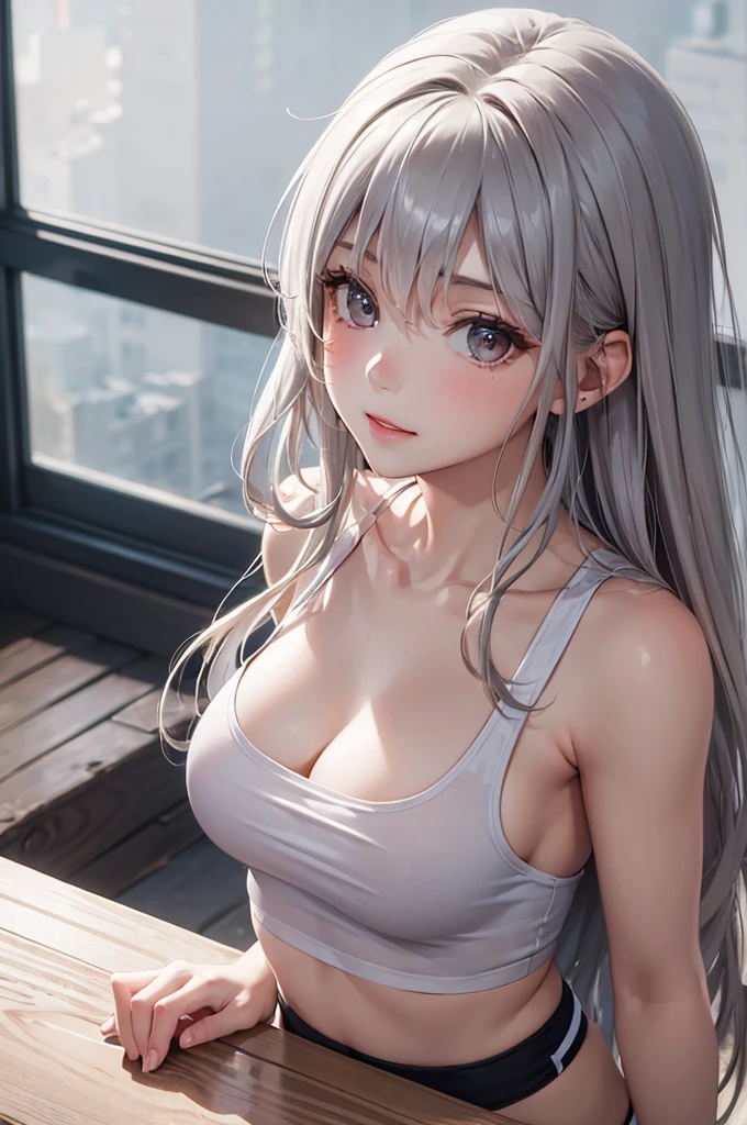(Best Quality,High resolution,8K,finelity detailed background,Masterpiece:1.2),beautiful girl,Glossy romance gray hair,messy hair,Gray eyes,Gentle look,A refreshing look,Best quality,Best Quality,Aesthetic and aesthetic:1.2,Best details((Super detailed))(High-definition CG illustrations),Tank top,Training wear,Slender body,Training Gym,smile,blush,cute,Scrounge,Looking up,Being spoiled,super model,shoot from above