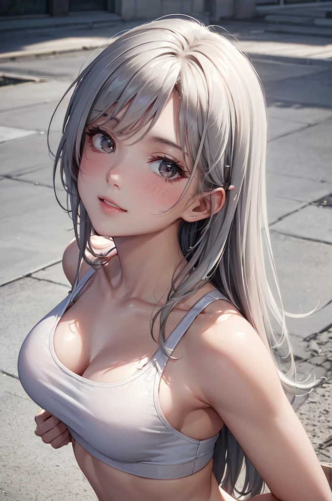 (Best Quality,High resolution,8K,finelity detailed background,Masterpiece:1.2),beautiful girl,Glossy romance gray hair,messy hair,Gray eyes,Gentle look,A refreshing look,Best quality,Best Quality,Aesthetic and aesthetic:1.2,Best details((Super detailed))(High-definition CG illustrations),Tank top,Training wear,Slender body,Training Gym,smile,blush,cute,Scrounge,Looking up,Being spoiled,super model,shoot from above