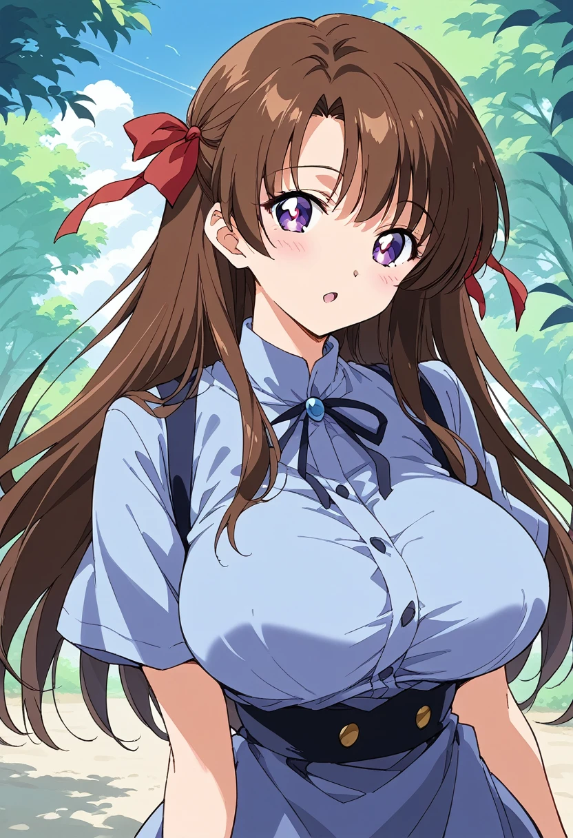 source_anime, BREAK, 1woman, oosuki mamako, brown hair, long hair, hair ribbon, purple eyes, white shaped pupils, (large breasts:1.2), BREAK, 1990s (style), retro artstyle, anime screencap, qvj