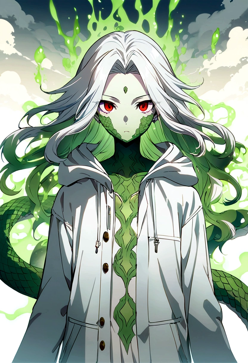Generate an anime-style illustration of a teenage male character with the appearance of a Gorgon. He should have pale skin, sharp  features, and a monstrous look, with green scales covering parts of his face and body. His white snake-like hair with subtle green highlights should be depicted as oozing a green liquid aura. The snakes themselves should be slender and elegant, with piercing red eyes. The character should be wearing a white trench coat hoodie with accents of green, creating a harmonious green and white color theme. Please ensure that the overall aesthetic remains true to traditional anime art style.