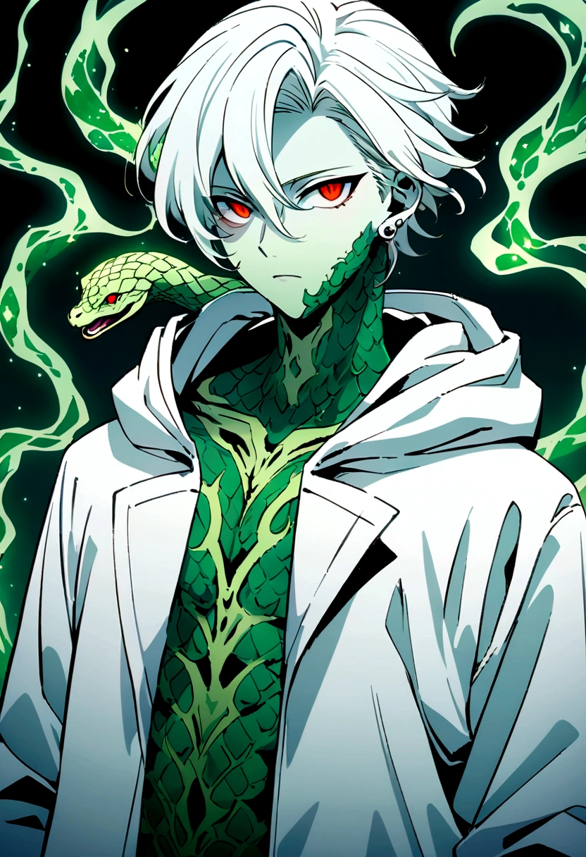Generate an anime-style illustration of a age male character with the appearance of a Gorgon. He should have pale skin, sharp facial features, and a monstrous look, with green scales covering parts of his face and body. His white snake-like hair with subtle green highlights should be depicted as oozing a green liquid aura. The snakes themselves should be slender and elegant, with piercing red eyes. The character should be wearing a white trench coat hoodie with accents of green, creating a harmonious green and white color theme. Please ensure that the overall aesthetic remains true to traditional anime art style.