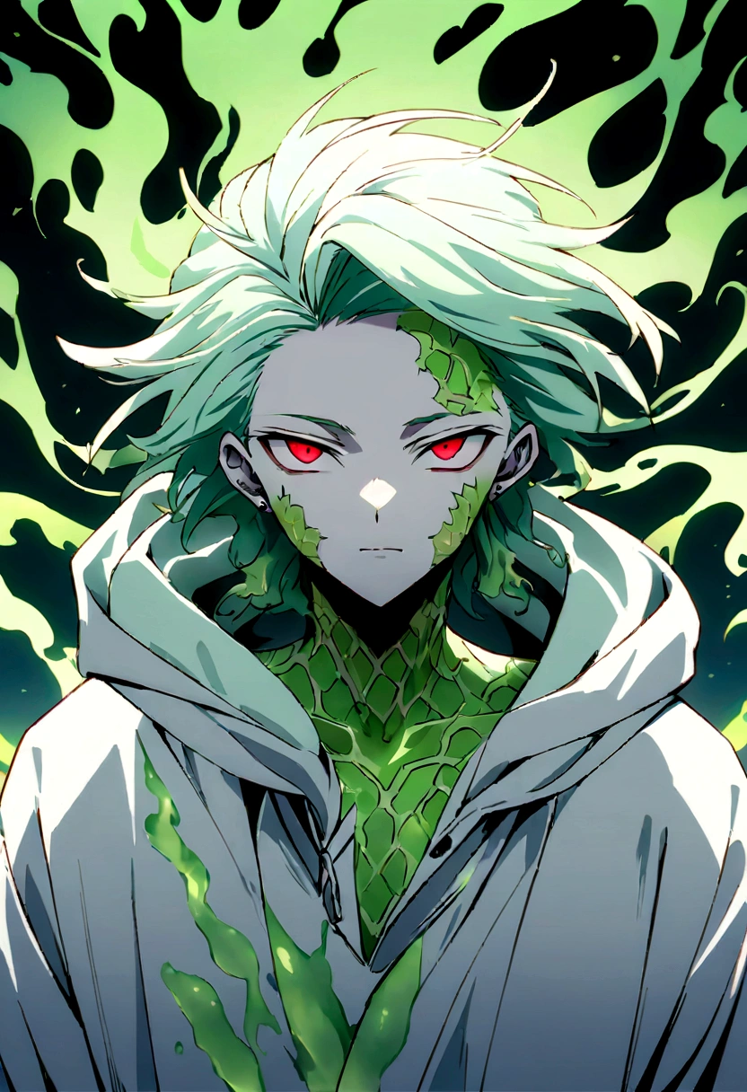 enerate an anime-style illustration of a teenage male character with the appearance of a Gorgon. He should have pale skin, sharp facial features, and a monstrous look, with green scales covering parts of his face and body. His hair should be made entirely of slender, elegant white snakes with subtle green highlights, all oozing a green liquid aura. The snakes should have piercing red eyes. The character should be wearing a white trench coat hoodie with accents of green, creating a harmonious green and white color theme. He should have a sinister grin on his face. Please ensure that the overall aesthetic remains true to traditional anime art style
