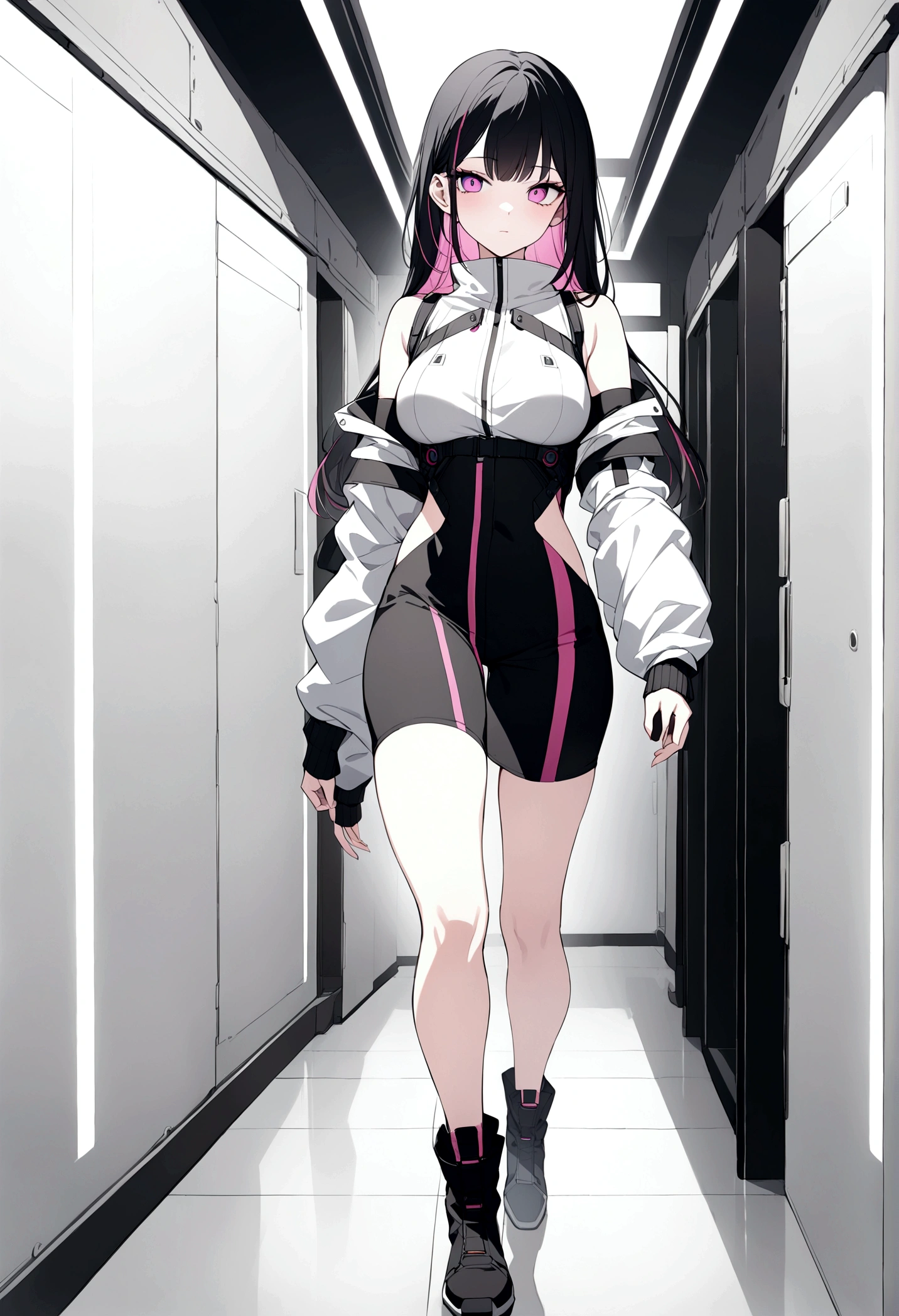 (masterpiece, 32k, 8k, white laboratory corridor setting, character walking towards the viewer) woman, 26 years old, naturally beautiful face, long black hair with pink streaks, cyberpunk outfit, different colored eyes, (coloring mango)