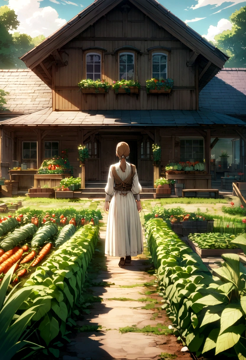 Farm house with veggie gardens, set in midieval century. Approaching perfection, Long take shot, Ultra detailed, smooth, 4K resolution. Niji-5