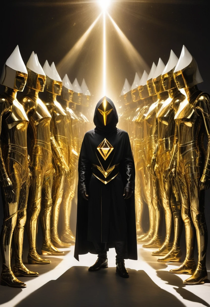 Void place, all black around, man with goden hair and golden eyes holding a prism with white color, behind the man 8 humanoid figures of shadows, behind the 8 humanoid figures of shadows, a humanoid all white figure