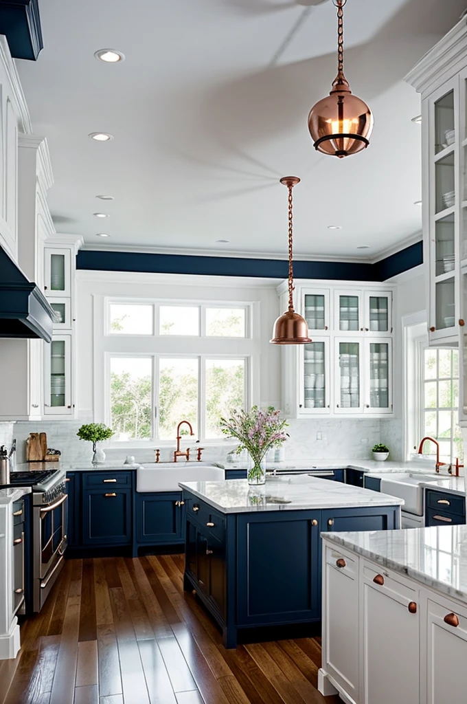 Recreate a kitchen with bright white cabinets that reach the ceiling, with some upper cabinets with glass doors. The island could have a dark wood base or a contrasting color, like navy blue, with a white marble countertop. on top of the island, three industrial style pendant lamps. A vintage clock on the wall and some exposed copper utensils.