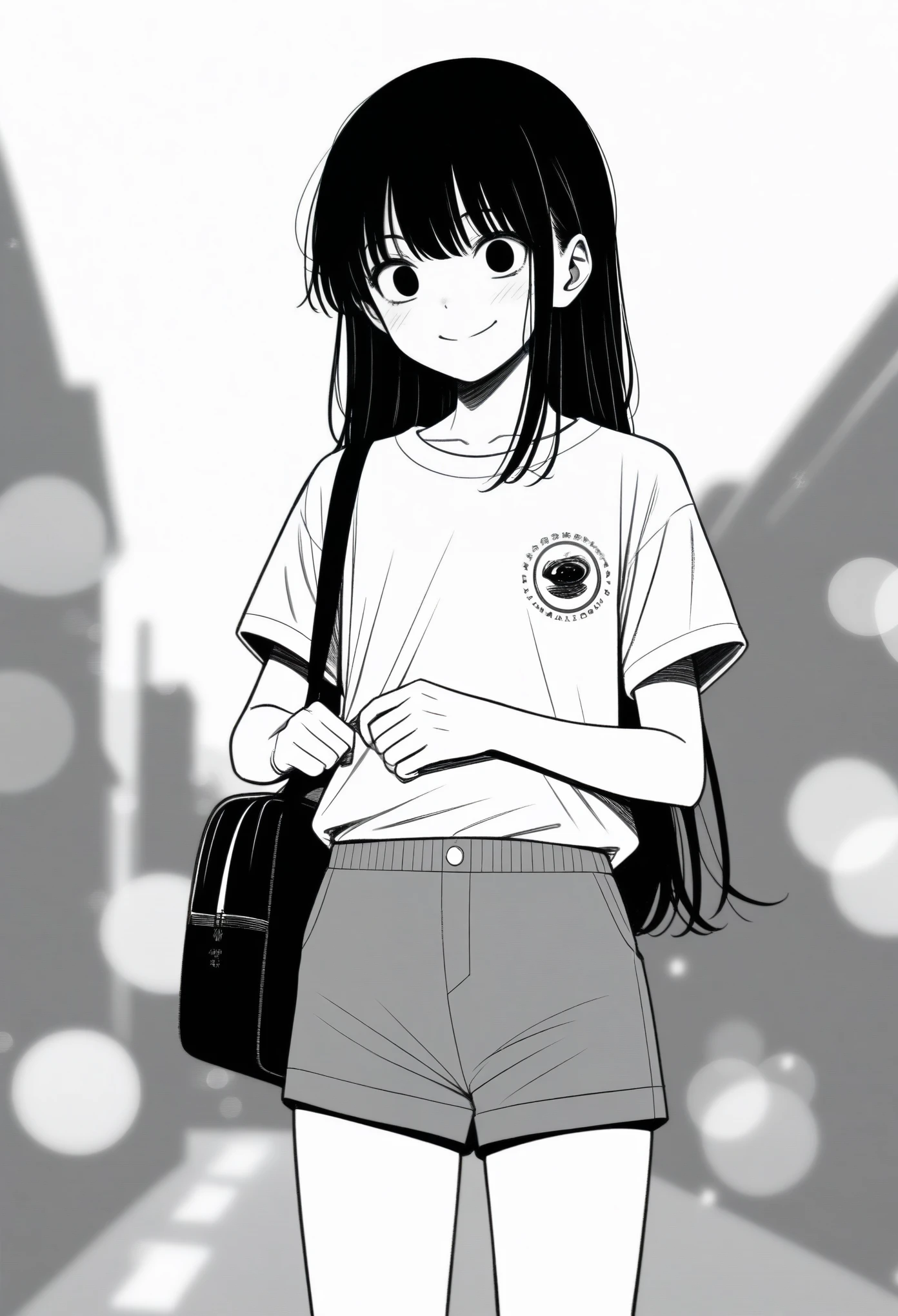 masterpiece, best quality, 1girl, mamerakkkkko, grayscale, manga style, japanese, chi no wadachi, black eyes, street, iced, black hair, schoolbag, smile, lineart, white background, white shirt, grey shorts, centered, 18 years old, tall, fair skinned, bokeh background