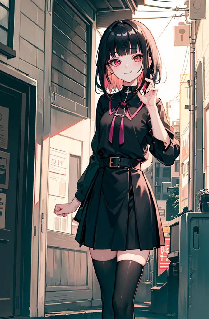 ((city background)),original,(illustration:1.1),(best quality),(masterpiece:1.1),(extremely detailed CG unity 8k wallpaper:1.1), (colorful:0.9),(mid shot:0.95),(highly detailed beautiful face and body),(solo:1.2), (girl),(), (detailed beautiful eyes:1.15), (beautiful face:1.15), (glowing red eyes:1.25////),((jewel-like eyes)),(petite),(cute girl),(((black medium hair))),pink inner color,((blunt bangs,)),(+perfect hand+:1.21),(Religious),(slender),(black clothes),small breasts,miniskirt,slim body,(smile),fashion,tokyo,harajuku,(black school uniform),