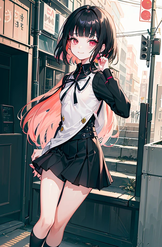 ((city background)),original,(illustration:1.1),(best quality),(masterpiece:1.1),(extremely detailed CG unity 8k wallpaper:1.1), (colorful:0.9),(mid shot:0.95),(highly detailed beautiful face and body),(solo:1.2), (girl),(loli), (detailed beautiful eyes:1.15), (beautiful face:1.15), (glowing red eyes:1.25////),((jewel-like eyes)),(petite),(cute girl),(((black medium hair))),pink inner color,((blunt bangs,)),(+perfect hand+:1.21),(Religious),(slender),(black clothes),small breasts,miniskirt,slim body,(smile),fashion,tokyo,harajuku,(black school uniform),
