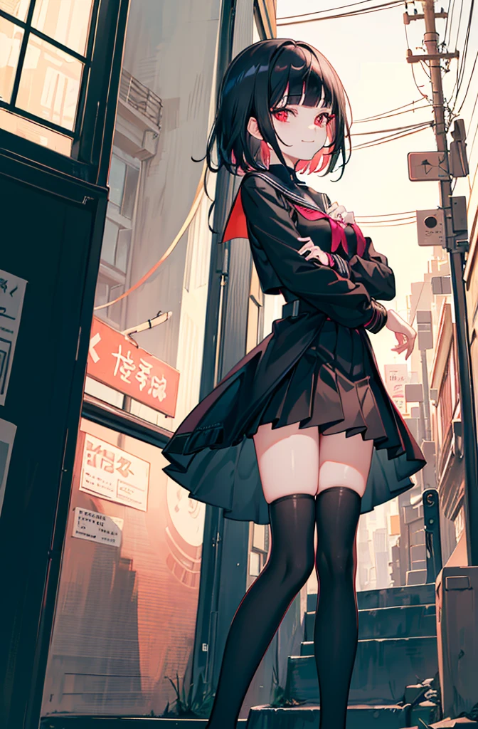 ((city background)),original,(illustration:1.1),(best quality),(masterpiece:1.1),(extremely detailed CG unity 8k wallpaper:1.1), (colorful:0.9),(mid shot:0.95),(highly detailed beautiful face and body),(solo:1.2), (girl),(loli), (detailed beautiful eyes:1.15), (beautiful face:1.15), (glowing red eyes:1.25////),((jewel-like eyes)),(petite),(cute girl),(((black medium hair))),pink inner color,((blunt bangs,)),(+perfect hand+:1.21),(Religious),(slender),(black clothes),small breasts,miniskirt,slim body,(smile),fashion,tokyo,harajuku,(black school uniform),