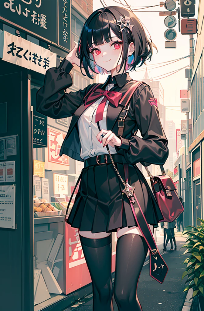 ((city background)),original,(illustration:1.1),(best quality),(masterpiece:1.1),(extremely detailed CG unity 8k wallpaper:1.1), (colorful:0.9),(mid shot:0.95),(highly detailed beautiful face and body),(solo:1.2), (girl),(loli), (detailed beautiful eyes:1.15), (beautiful face:1.15), (glowing red eyes:1.25////),((jewel-like eyes)),(petite),(cute girl),(((black medium hair))),pink inner color,((blunt bangs,)),(+perfect hand+:1.21),(Religious),(slender),(black clothes),small breasts,miniskirt,slim body,(smile),fashion,tokyo,harajuku,(black school uniform),