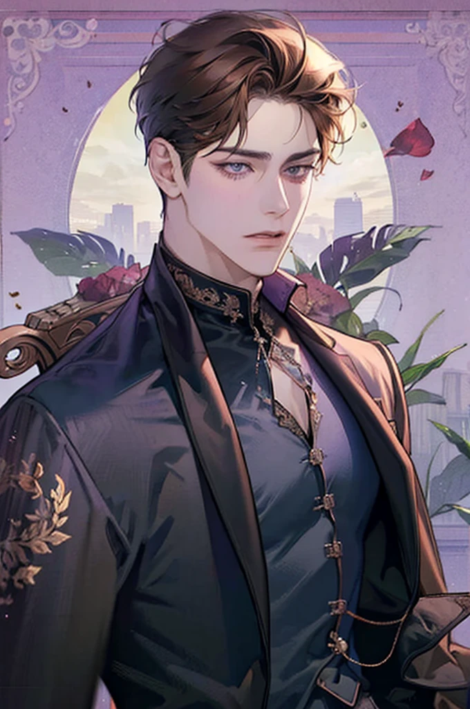 mature boy, Brown hair, Purples, (Perfect eyes), shirt, bad look, closed posture