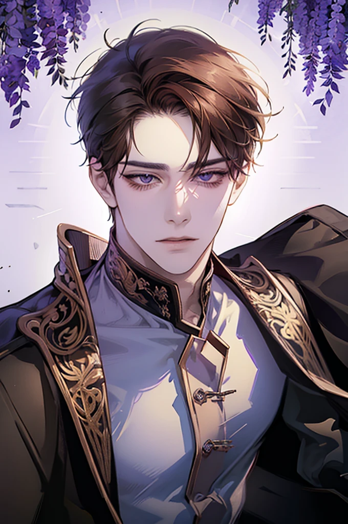 mature boy, Brown hair, Purples, (Perfect eyes), shirt, bad look, closed posture