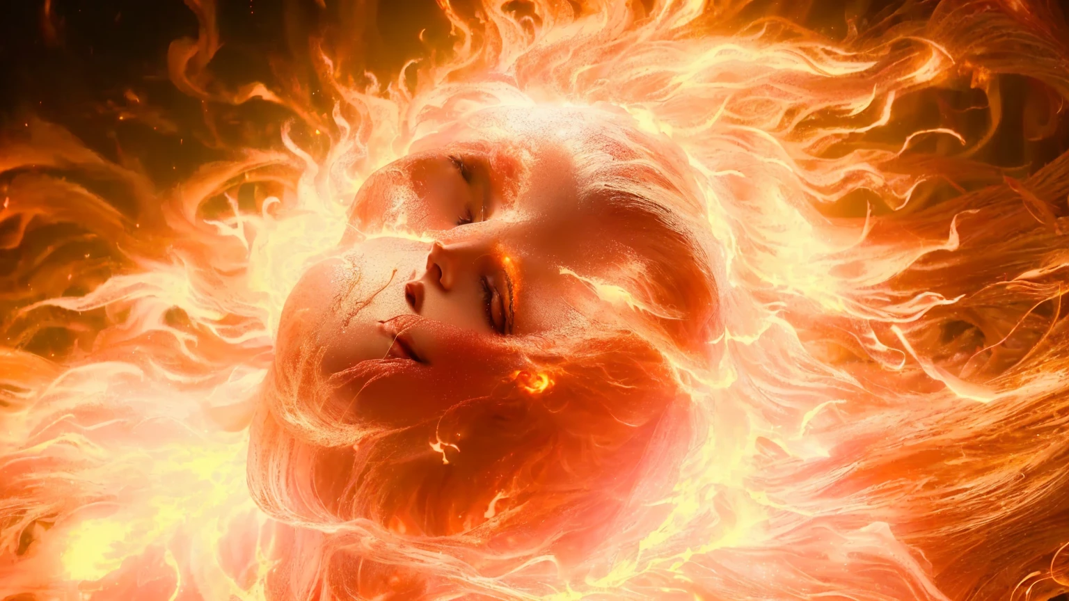 there is a woman with a head of fire and shining hair, Wreathed in swirling flames, her body made of flames, goddess of fire, in the elemental plane of fire, goddess of fire, fiery aura, bright peach face, hair made of fire, body made of fire, glowing magical glowing skin, Enveloped by flames, amazing digital art, red glowing skin