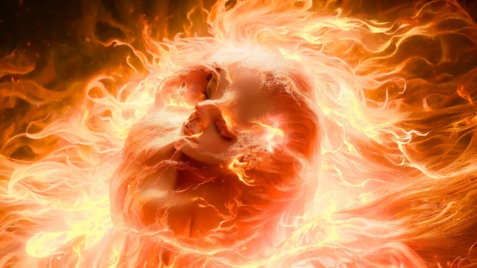 there is a woman with a head of fire and shining hair, Wreathed in swirling flames, her body made of flames, goddess of fire, in the elemental plane of fire, goddess of fire, fiery aura, bright peach face, hair made of fire, body made of fire, glowing magical glowing skin, Enveloped by flames, amazing digital art, red glowing skin