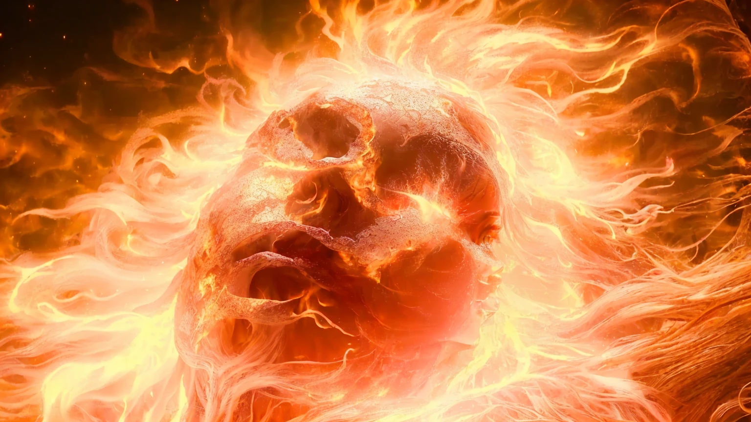 there is a woman with a head of fire and shining hair, Wreathed in swirling flames, her body made of flames, goddess of fire, in the elemental plane of fire, goddess of fire, fiery aura, bright peach face, hair made of fire, body made of fire, glowing magical glowing skin, Enveloped by flames, amazing digital art, red glowing skin