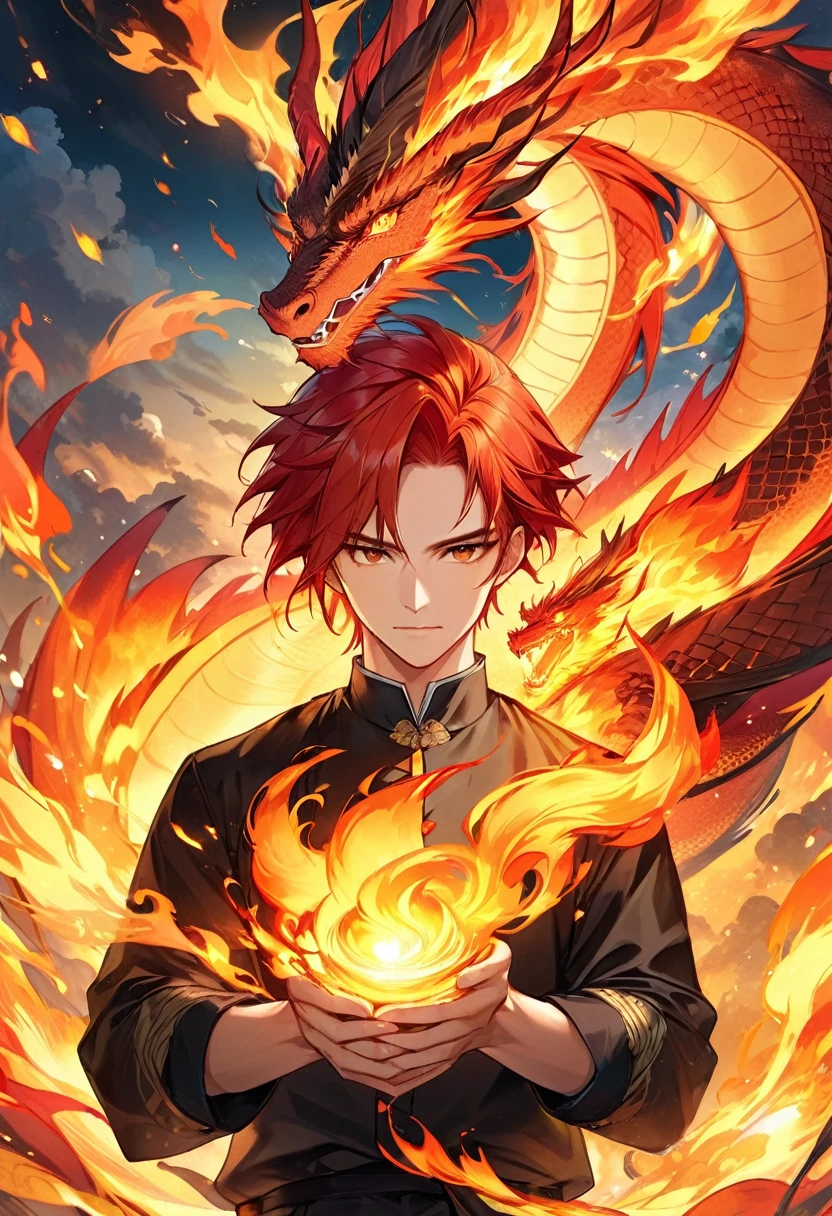 (Best quality,masterpiece),(extremely detailed:1.2),(perfect face:1.3),a handsome man surrounded with an eastern fire dragon,handsome guy in demon slayer art,high quality anime illustration,human and dragon fusion, anime fantasy illustration, anime in fantasy style, (giant fire dragon:1.2), (man with the soul of a dragon),god of dragon,(fire mage),(hands holding fire:1.4),epic anime fantasy, anime fantasy artwork, red hair