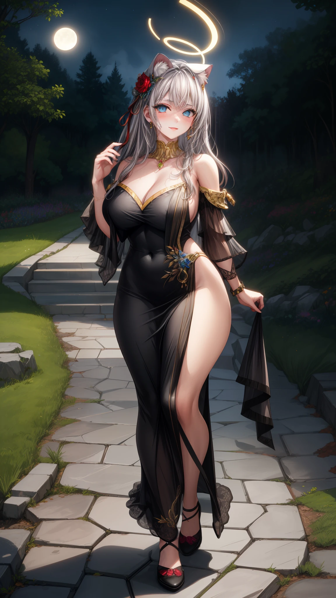(1girl), (masterpiece), (best quality), ((looking at the viewer)), ((full body)),((facing the viewer))
Her hair, as white as the moon, cascades in soft waves over her shoulders, capturing light subtly and adding a halo of mystery to her figure. Her eyes, blue as a tranquil ocean, sparkle with a mischievous glint and a seduction barely contained. When she looks directly at you, her gaze penetrates with a captivating intensity, inviting the observer to uncover the secrets hidden behind her serene facade.
Her face is softly sculpted, with delicately defined cheekbones and soft lips that curve into a suggestive smile. Her pale, perfectly cared-for skin enhances the purity of her features, while her black dress, adorned with intricate golden details, embraces her figure with elegance, revealing just enough to suggest but not to fully disclose.
Walking with feline grace, each movement of her body exudes a sensual confidence and an air of mystery. Her presence not only attracts glances but also leaves an indelible impression on those who cross her path in the vibrant night of Moscow.