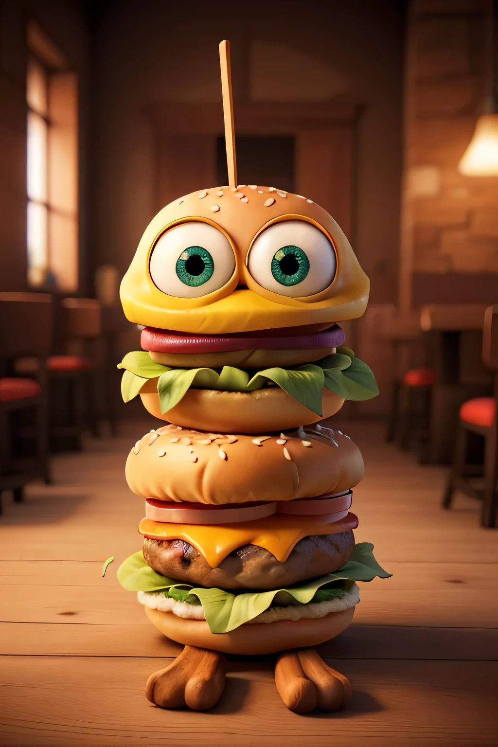 a burger that has eyes hands and feet