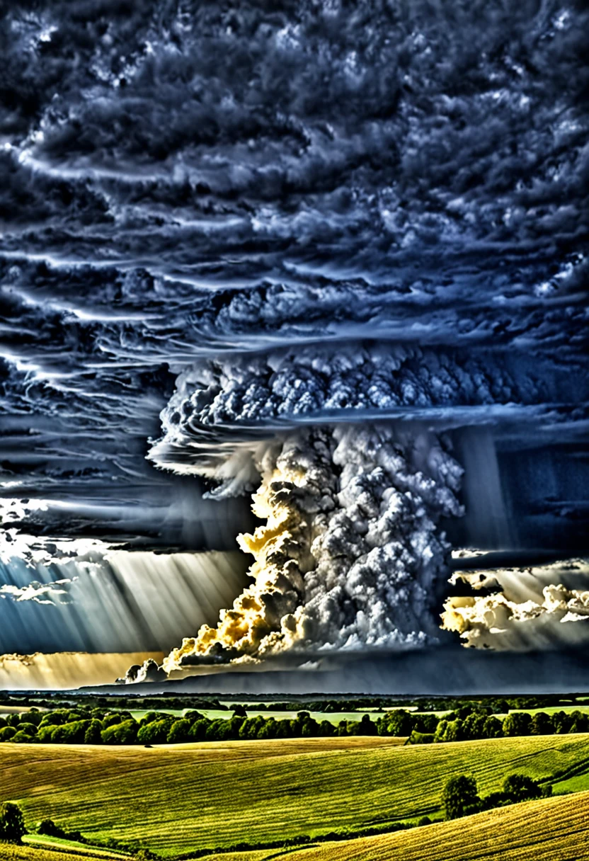 (sun shining above), (dark, threatening clouds below), (realistic), (digital painting), (high resolution), (ultra-detailed), (masterpiece quality),