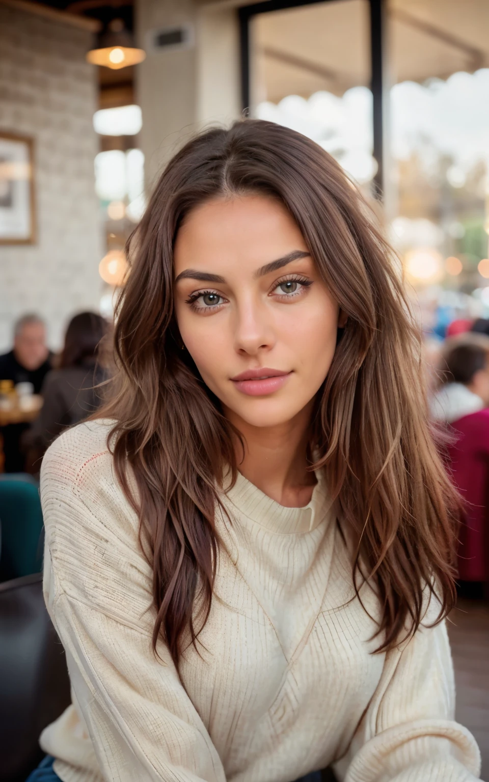 Cute beautiful dark brunette in a yellow sweater "old money style "(Inside a modern cafe at sunset), Very detailed, 21 years, innocent face, long natural wavy dark blonde hair, Blue eyes, high resolution, Masterpiece, Best Quality,intricate details, Very detailed,sharp focus, detailed skin,realist skin texture,texture, detailed eyes, professional, 4k, lovely smile, shot on Canon, 85mm,shallow depth of field,Kodak Vision Color, body in perfect shape, extremely detailed, Photo_\(ultra\), Photorealist, realist, Post processing, maximum detail, roughness, real life, ultra realist, Photorealism, Photography, 8k hd, Photography