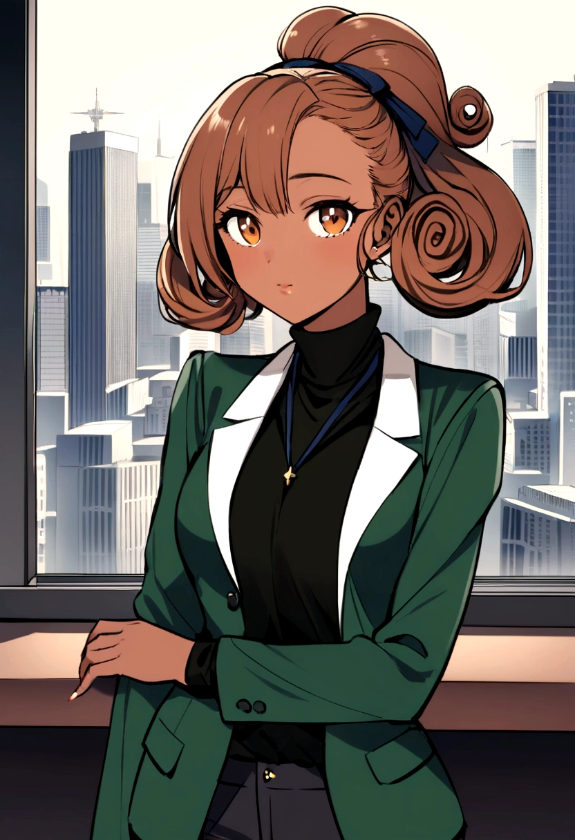 Create a detailed anime-style character of Ayana Chisulo. She has tawny skin and long, spiraling curls that can either flow freely or be tied back with a simple ribbon. Her eyes are expressive, reflecting determination and a sense of justice. Ayana's outfit is a blend of practical yet stylish elements, suitable for an aspiring lawyer. She exudes confidence and independence, with a backdrop that hints at a modern cityscape or a professional setting, like a courtroom or a law office,she wearing turtleneck