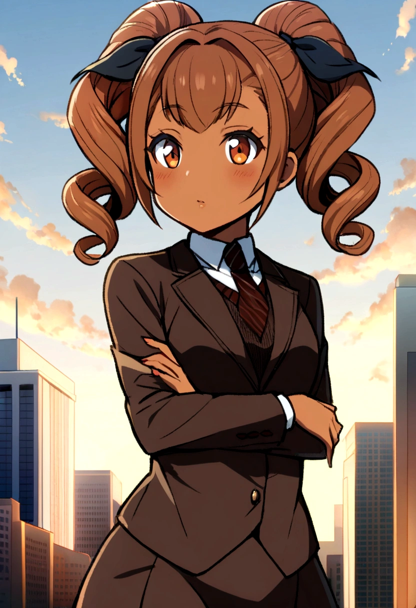 Create a detailed anime-style character of Ayana Chisulo. She has tawny skin and long, spiraling curls that can either flow freely or be tied back with a simple ribbon. Her eyes are expressive, reflecting determination and a sense of justice. Ayana's outfit is a blend of practical yet stylish elements, suitable for an aspiring lawyer. She exudes confidence and independence, with a backdrop that hints at a modern cityscape or a professional setting, like a courtroom or a law office,she wearing turtleneck