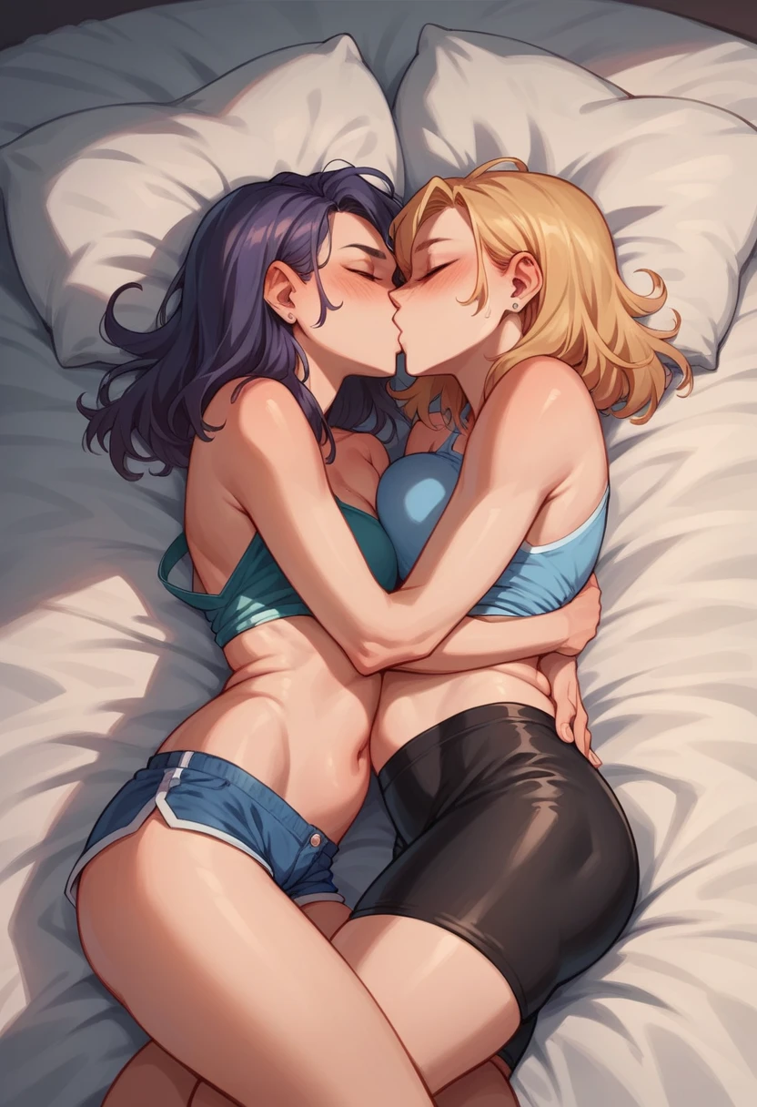 art by Eiichirio Oda, hotel room at night, nami and nico robin kissing each other in a bed, nami and nico robin are wearing white colour party dress, nico robin is undressing nami, their private parts of body is covered by each other, yuri romance