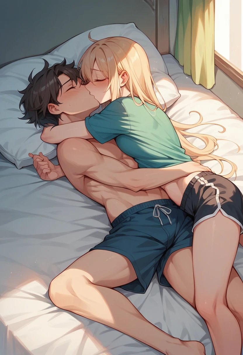 kissing hugging bed spandex shorts