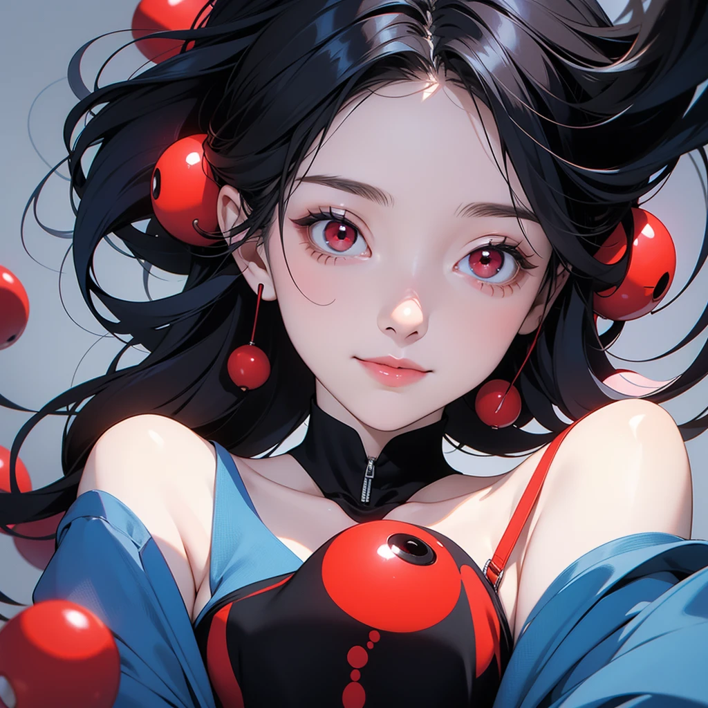 girl with many blue and red capsules floating, slight smile, red eyes, very pale skin, black hair.