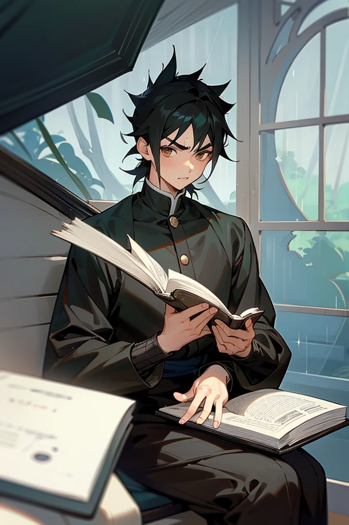 16 year old boy. neat, thick, short, black hair. Almond brown eyes. good jawline. diamond face. straight cut eyebrows. reading a book and sitting. sitting by the window and it's raining outside. anime demon slayer style.