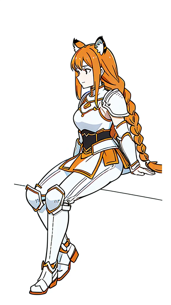 (1girl,20 years old,mature female,solo),tiger ears,long hair,(twin braids),orange hair,white knight armor,(white background,line drawing),black pantyhoses,happy,from side, sitting,full body,