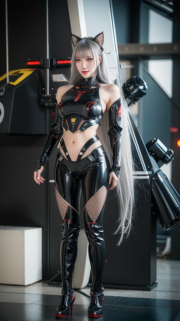 Full body pictures,Armored Girl,warrior,Black cat streamlined mecha, cat ear,battle robot,Mechanical Parts,Mecha tights,Mechanical fuselage,Mechanical Armor,Tech Antenna Headgear,silver hair,delicate face,pretty face,Close-up of characters,best quality，best quality，The most perfect details,,Highlight the chest,Full body pictures,Mechanical parts damage