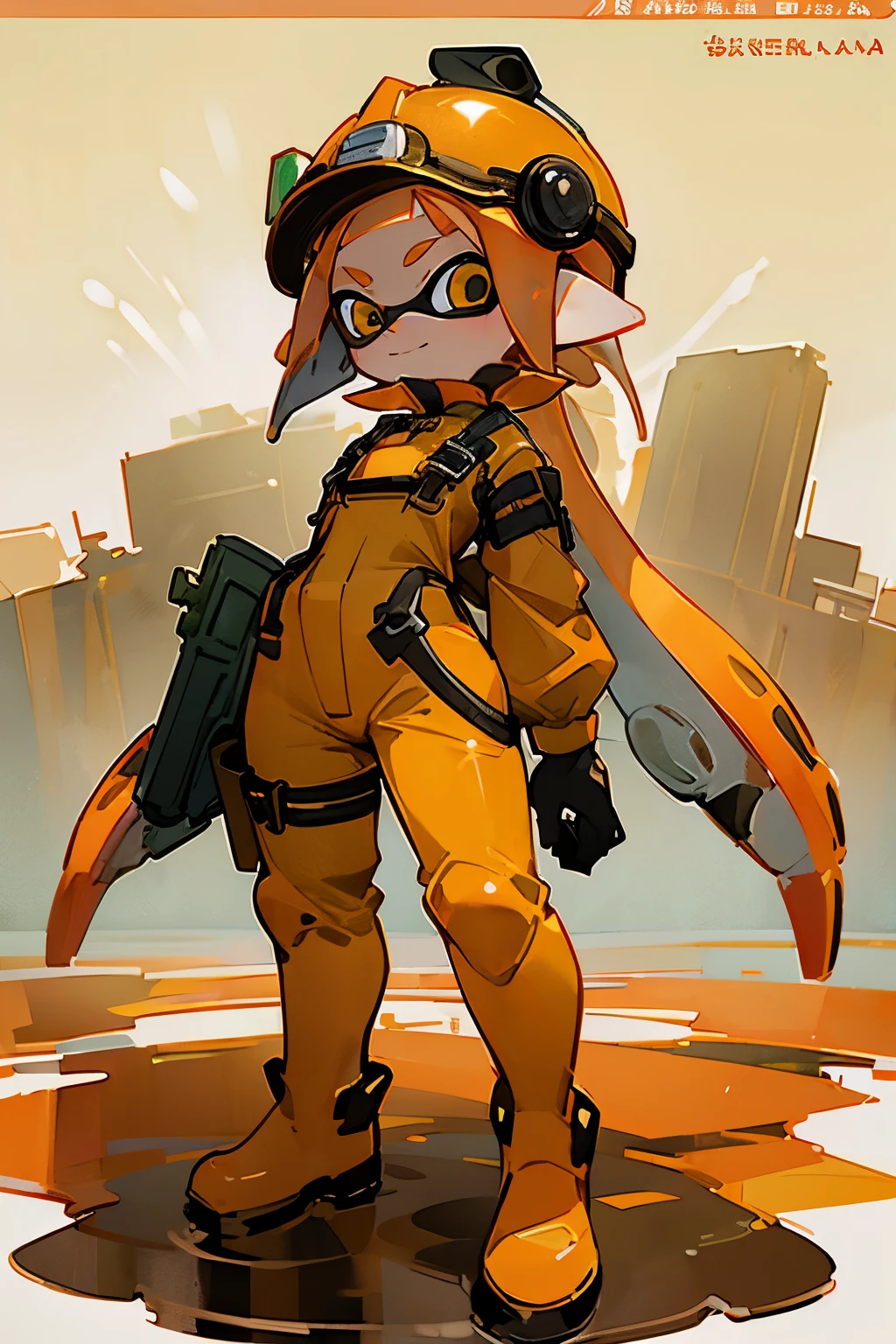 masterpiece、Highest quality、High resolution、Ultra-detailed artwork、Real Anime、3d、(Splatoon girl wearing orange construction work clothes)、((Orange jumpsuit、Orange long overalls、Black safety belt on shoulder、Black harness belt、Green rubber boots、Green rubber gloves、orange helmet))、Dam construction、Standing on water、Waterlogged ground、Golden Eyes、Golden tentacle hair、A slightly thinner face、smile、Daytime、The background is the horizon of the dam、