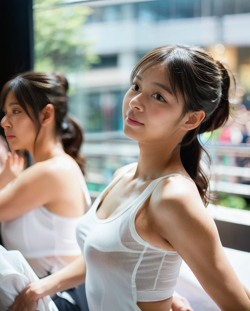 (shot from the side, facing the audience, full body). bokeh effect. Masterpiece realistic. adorable. 2 young girl. . Round bif breast, voluptuous. mini bra, random color. hair Scrunchie. In the bed. Pose Hands are on bra cup. Realistic sweaty, sweaty body, sweaty breasts, sweaty face, sweaty face, (sweat details). Ultra high res.photorealistic:.1.4,UHD