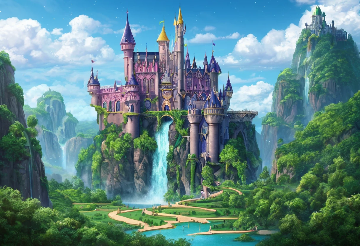 A magnificent medieval European castle floats on a huge rock island in the sky, Surrounded by blue sky and sea of clouds. The castle features bronze rooftop towers and gold decorations, The island is covered with emerald green vines. Waterfall, Blimps and dragons flying around. Magical light particles and aurora-like ribbons of light create a magical atmosphere, Bathed in the soft light of dawn or dusk.