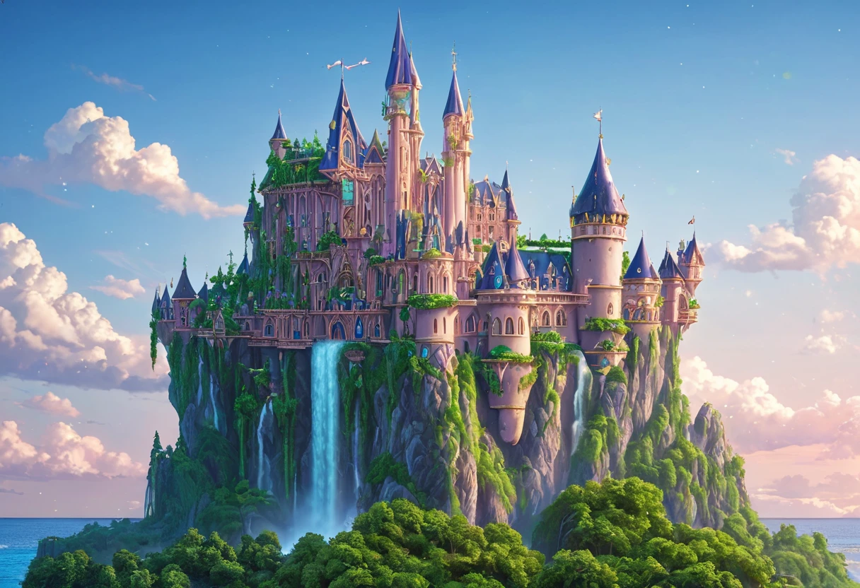 A magnificent medieval European castle floats on a huge rock island in the sky, Surrounded by blue sky and sea of clouds. The castle features bronze rooftop towers and gold decorations, The island is covered with emerald green vines. Waterfall, Blimps and dragons flying around. Magical light particles and aurora-like ribbons of light create a magical atmosphere, Bathed in the soft light of dawn or dusk.