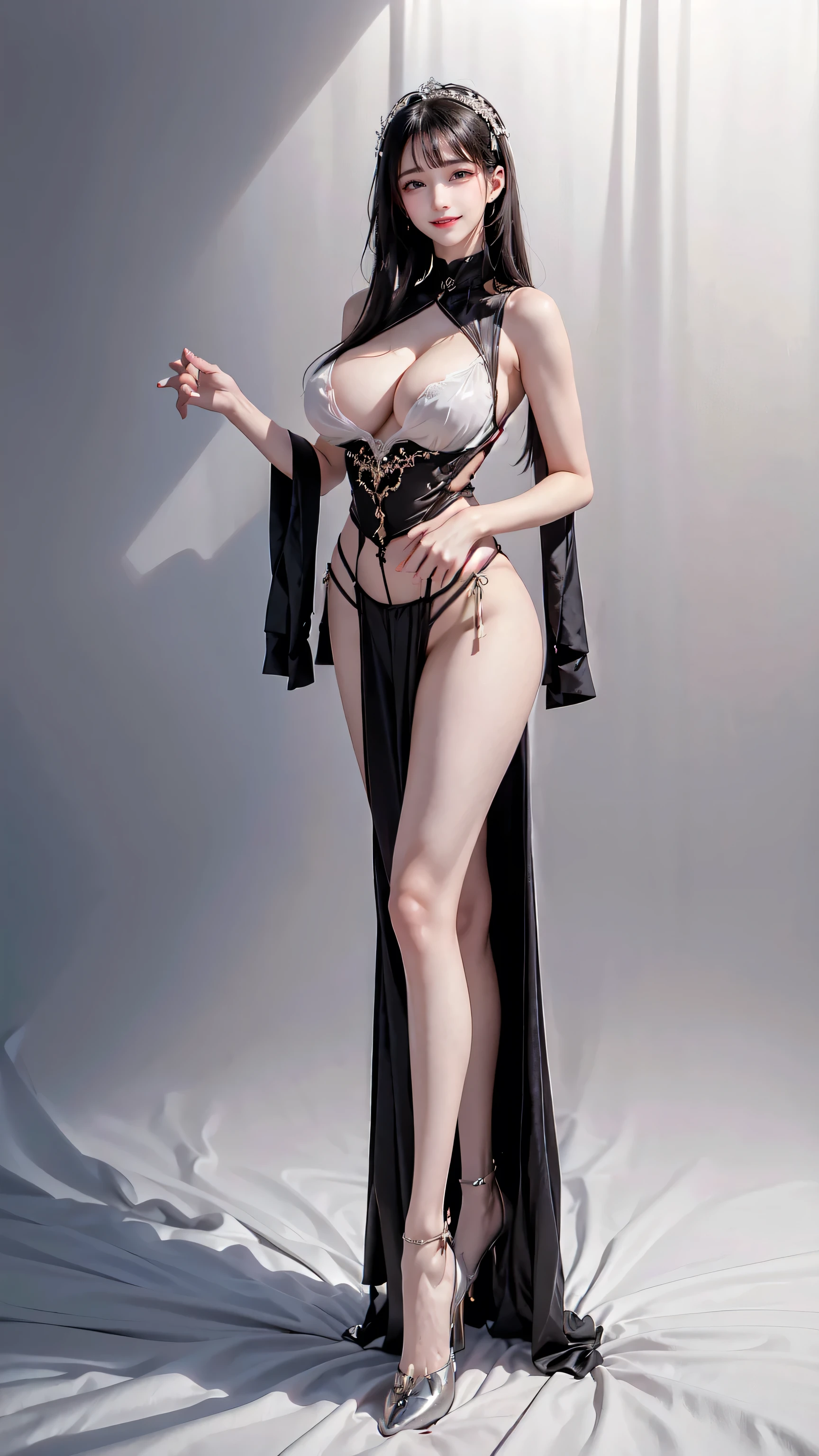 see through clothes(Full body female love:1.3)，best quality, masterpiece, ultra high resolution, (lifelike:1.4), original photo, 1 female,18 years old， black hair, big eyes, Detailed eyes and face,huge breasts，split，long legs，Belted robe open ，bare shoulder，no underwear:1.5,see through clothes，Hollow material white clothes, bedroom, Smile、sleeveless costume、Extremely revealing clothing、((A young but sexually attractive girl)), Seductive pose, (camel toe), A  thin body with big  and ass、Beautiful clavicle