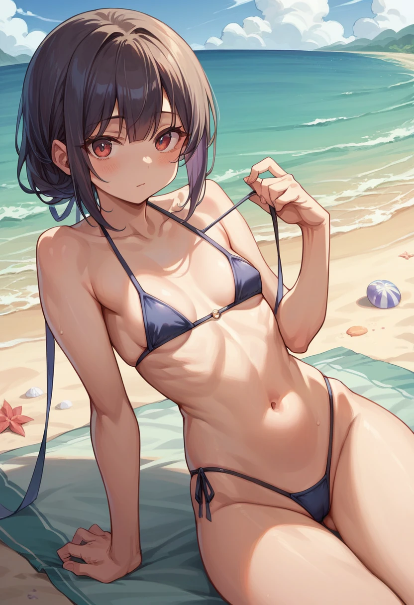 (masterpiece, best quality:1.2), (1girl, solo), (High quality:1.4), (High detailed:1.2), Sakimi-chan, a european girl with 18 years old, (thong sexy bikini), ((small breasts)), (beach scene),