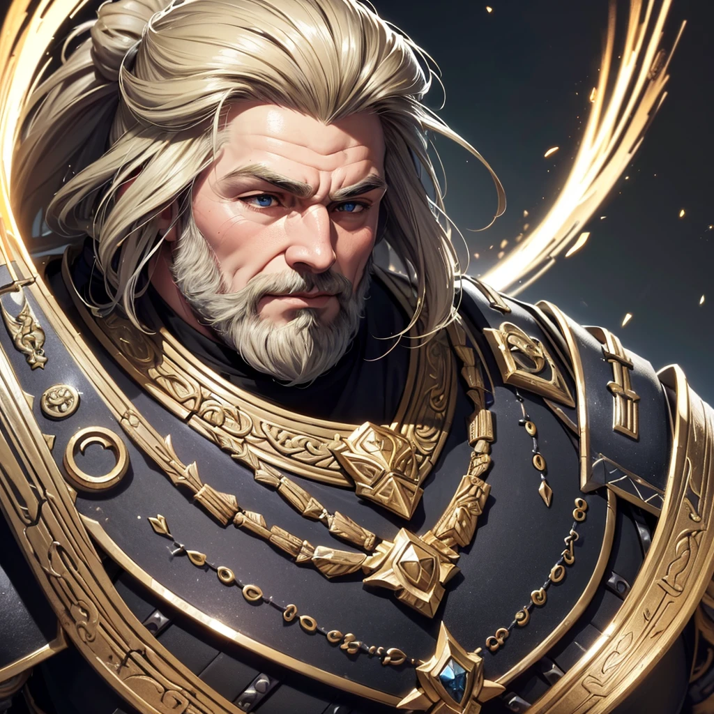 Highly detailed portrait of a male dwarf warrior, dwarf paladin, charismatic and handsome face, face inspiring kindness, soft face, flowing half ponytail blonde hair and blonde beard, muscular build, wearing heavy white dragon scale armour, epic fantasy scene, dramatic lighting, intricate armour details
