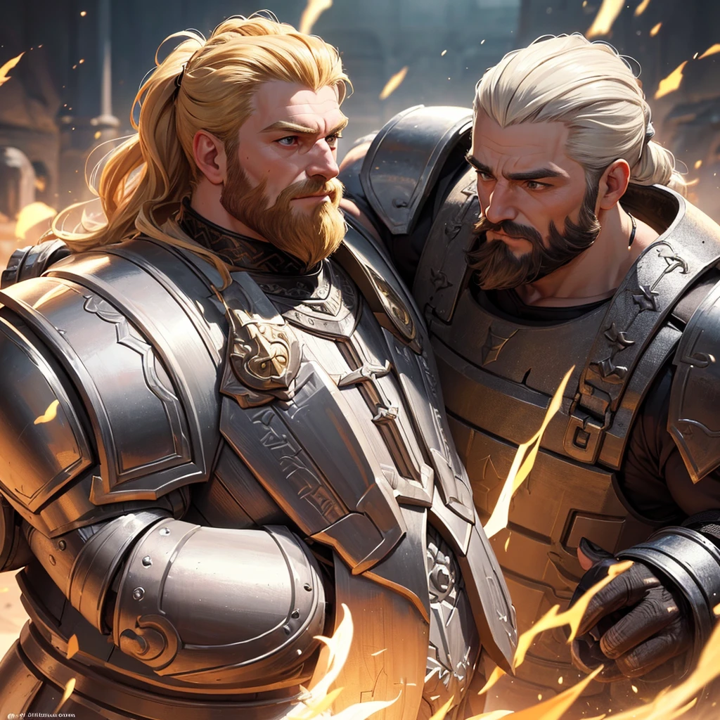 Highly detailed portrait of a male dwarf warrior, dwarf paladin, charismatic and handsome face, face inspiring kindness, soft face, flowing half ponytail blonde hair and blonde beard, muscular build, wearing heavy white dragon scale armour, epic fantasy scene, dramatic lighting, intricate armour details