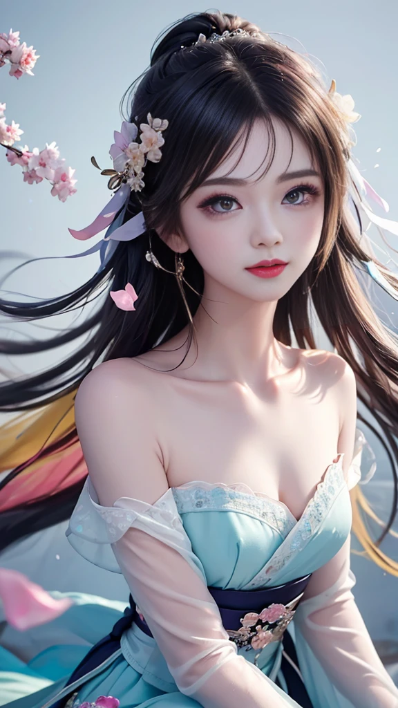 （Pink Fashion T-Shirt，：1.9），（Colorful Hair：1.8），（All the colors of the rainbow：1.8），（（（（Vertical pintng：1.6)）），（work：1.6），front，漫Painting,shape,work,Big eyes,Crystal Clear,（Rainbow gradient high ponytail：1.7）,Apply makeup carefully,Please keep your mouth shut,(little fresh:1.5),Long eyelashes,White Shoulder T-Camisole，, White shoulder shirt，Looking at the audience，水汪汪的Big eyes，(Rainbow Hair：1.6), Color splash, （alone：1.8）, Color splash, An explosion of colors, Color splash, An explosion of colors, Thick Painting style，Messy Lines，((The Shining,)) ，(Rich and colorful，，，，), Thick Painting Style, (splash) (Color splash), Vertical Paintinging, Upper Body, Painting splash, Acrylic paint, slope, Painting, Best image quality, 最高Painting质, masterpiece, alone, Written boundary depth, Face Painting, Rich and colorful clothes, (Grace: 1.2), Nice, Long Hair, Made of wind, (Grace: 1.3), (Like a petal: 1.4)，(((masterpiece))),(((Highest quality))),((Very detailed)),(shape),(Dynamic Angle),Sitting  on the bed、Two Asian women looking at each other, chest, , , Black Hair, belly button, Realistic, 1 Girl, Indonesian, Upper Bodyのポートレート, Big smile, Smooth skin texture, ((floating)),(pint),((Hair removal)),(alone),(1 Girl) , (( (Detailed anima face))),((Beautiful and delicate face)),collar, shoulders,Gray Hair,((Colored Hair)),((Striped Hair)),Beautiful and delicate eyes,(slope eyes),(( （Colored eyes））），（（（Rich and colorfully background））），（（（High color saturation））），（（（Surrounded by Rich and colorful splashes））），（）Hanfu）