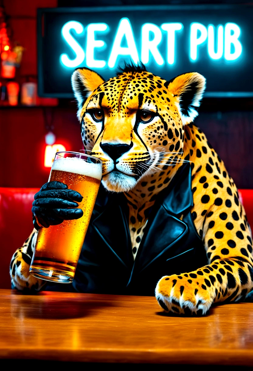 a cheetah dressed as punk chilling in bar, drinking beer, there is neon sign in the background which says "SeaArt Pub", highly detailed, photorealistic, 8k, hyper realistic, extremely detailed, cinematic lighting, vibrant colors, dynamic composition, powerful muscles, depth of field