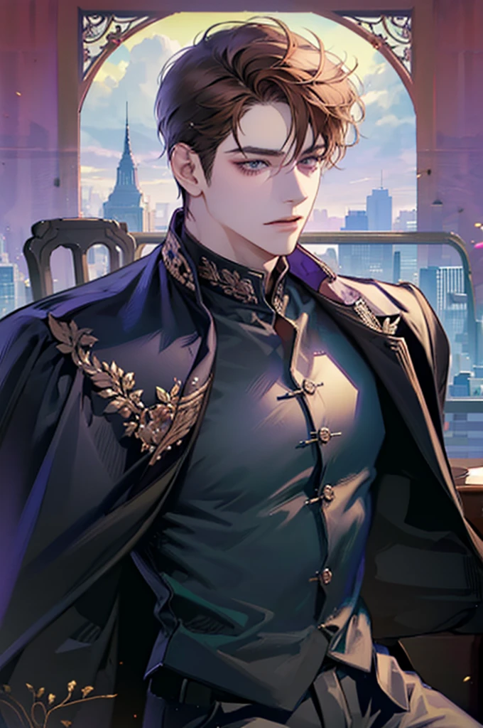 1 mature man of 40 years, Brown hair, Purples, (Perfect eyes), shirt, bad look, closed posture, perfect body
