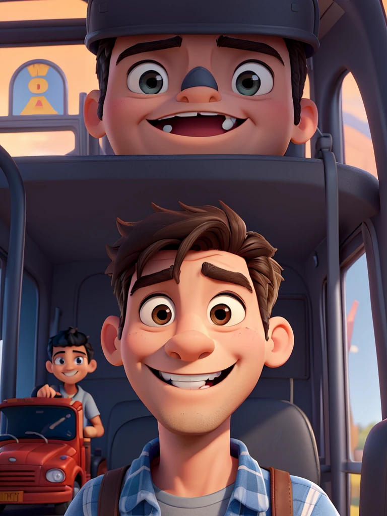 Create disney style illustration of man driving a small school bus, happy man with perfect teeth and somewhat muscular but slim in casual clothes, straight hairstyle black hair. Add birthday balloons. Make a Disney Pixar style illustration. The man must drive the small bus as a driver . Add happy children behind the bus. Add a movie title that says “happy birthday uncle king”