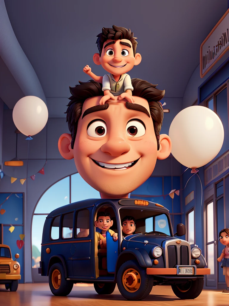 Create disney style illustration of man driving a small school bus, happy man with perfect teeth and somewhat muscular but slim in casual clothes, straight hairstyle black hair. Add birthday balloons. Make a Disney Pixar style illustration. The man must drive the small bus as a driver . Add happy children behind the bus. Add a movie title that says “happy birthday uncle king”